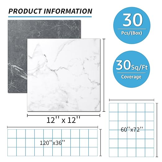 Art3d 30-Pack Peel and Stick Vinyl Floor Tiles, Black & White Marble | 15 Tiles per Color, 12" x 12" Single Tile, Anti-Slip, Waterproof, Ideal for Kitchen, Bathroom, Living Room, Bedroom