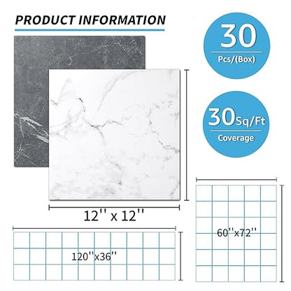 Art3d 30-Pack Peel and Stick Vinyl Floor Tiles, Black & White Marble | 15 Tiles per Color, 12" x 12" Single Tile, Anti-Slip, Waterproof, Ideal for Kitchen, Bathroom, Living Room, Bedroom