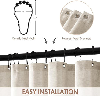 MIULEE 84" Long Natural Scalloped Linen Shower Curtain 72W x 84L | 12 metal hooks, Linen scalloped, waterproof washable, thick heavy cloth, black border, boho farmhouse, bathroom hotel use