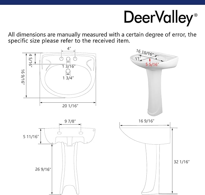 DeerValley Ally 20x17 Inch U-Shape White Ceramic Pedestal Sink, 3-Hole Faucet Configuration with Overflow, DV-1P52503