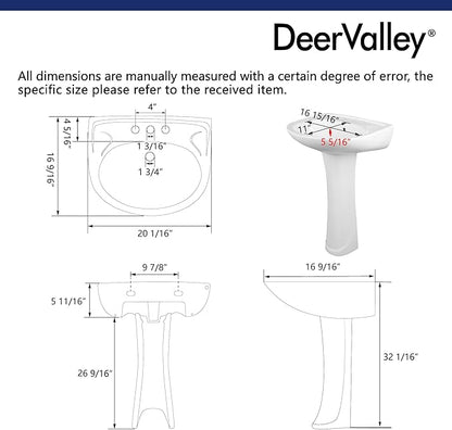 DeerValley Ally 20x17 Inch U-Shape White Ceramic Pedestal Sink, 3-Hole Faucet Configuration with Overflow, DV-1P52503