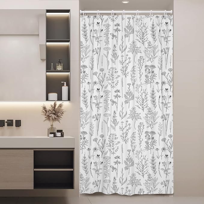Coxila Vintage Floral Shower Curtain Stall Narrow Half Standing Mini Flower Botanical Black and White Boho Rustic Cute Neutral Wildflower Bathroom 36 x 72 Inch Polyester Fabric 7 Pack Hooks