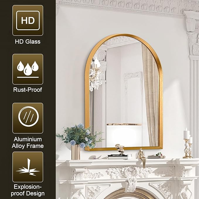 Arched Mirrors for Wall, White Bathroom Mirror Brushed Metal Vanity Wall Mounted Mirror for LivingRoom Bedroom Entryway Room Vanity Home Decor 26"x18"