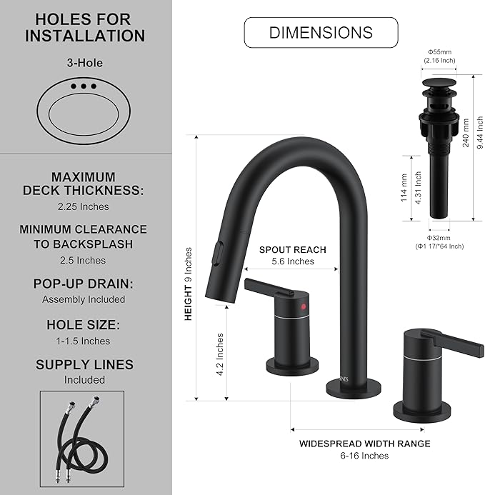 KENES Matte Black Pull Out Bathroom Faucet, 8 Inch 2 Handle Widespread Bathroom Faucet 3 Hole with Pull Down Sprayer, Bathroom Sink Faucet with Pop Up Drain & Supply Lines LJ-9068-2