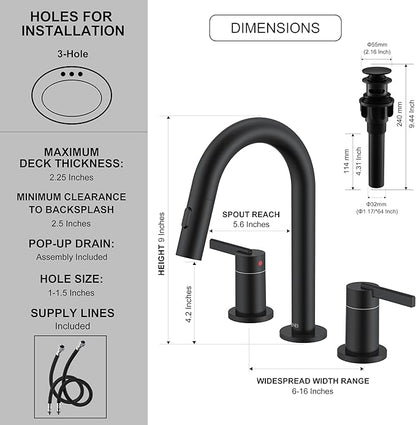 KENES Matte Black Pull Out Bathroom Faucet, 8 Inch 2 Handle Widespread Bathroom Faucet 3 Hole with Pull Down Sprayer, Bathroom Sink Faucet with Pop Up Drain & Supply Lines LJ-9068-2