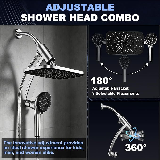 12 Inch High Pressure Rainfall Shower Head Combo,9 Settings Handheld Shower | Height/Angle Adjustable, 3 Spray Modes, Anti-leak, Built-in Magnetic Docking,Washing Jets,Holder, 59" Shower Hose, 1.75GPM