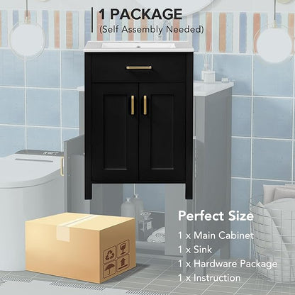 24" Bathroom Vanity with Sink, Modern Bathroom Vanity 24 Inch with Sink, 24 Bathroom Sink Vanity with Flip Drawer, Cabinet and Door Shelves, 24" Vanity with Sink for Bathroom (Black)