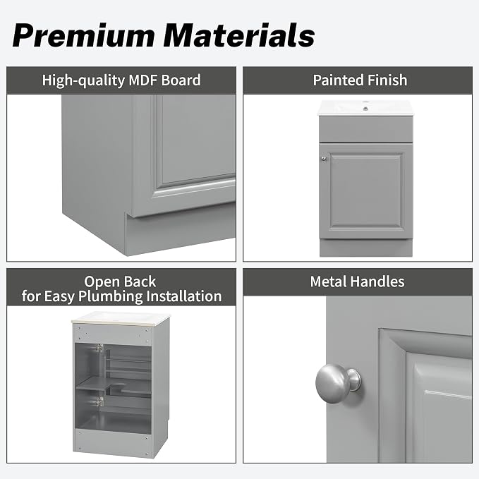 Christopher Knight Home Vanes Wood Frame 20" Bathroom Vanity with Ceramic Sink, Cabinet with Soft-Closing Door Shelf and Adjustable Shelf, Open Back, Metal Hardware, Storage/Organizer, Gray