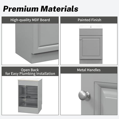 Christopher Knight Home Vanes Wood Frame 20" Bathroom Vanity with Ceramic Sink, Cabinet with Soft-Closing Door Shelf and Adjustable Shelf, Open Back, Metal Hardware, Storage/Organizer, Gray