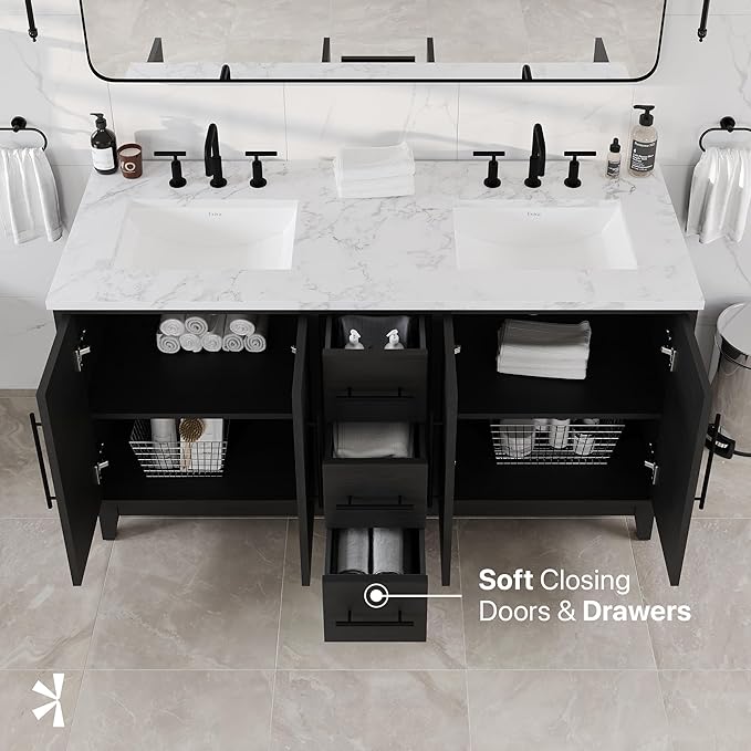 Graham 60 in. Blackwood Double Sink Bath Vanity with Arabescato Engineered Stone Top and Undermount Porcelain Sinks