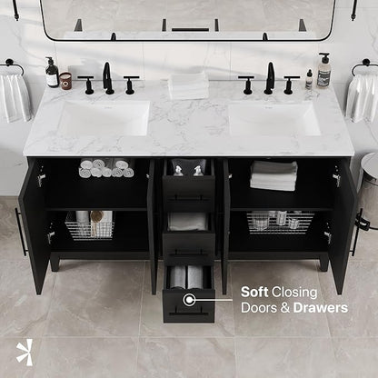 Graham 60 in. Blackwood Double Sink Bath Vanity with Arabescato Engineered Stone Top and Undermount Porcelain Sinks