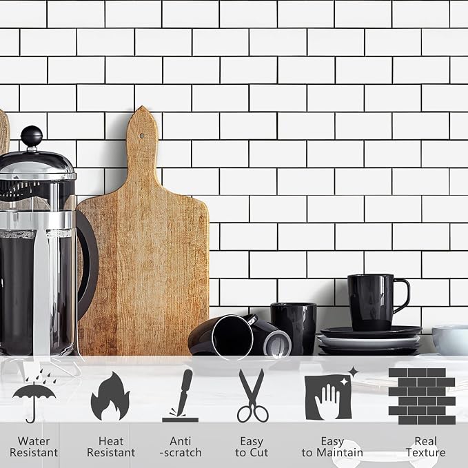 STICKGOO Peel and Stick Backsplash on Subway Tile, Polished White | 10 Sheets Aluminium Composite Self Adhesive Tiles, Faux Ceramic Look, Waterproof, Stick on Tiles for Vanities, Kitchen