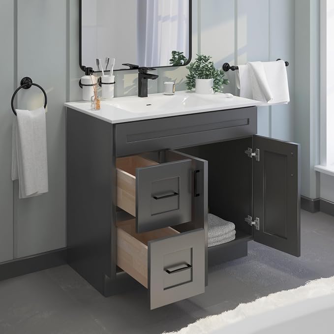 36" Light Grey Shaker Bathroom Vanity Base – Ready-to-Assemble Sink Cabinet with Drawers, Freestanding Bathroom Vanity Base Only, No Top or Sink