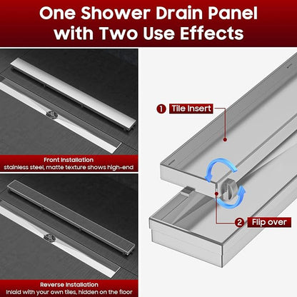 DLONE® Linear Shower Drain - 32 Inch Brushed Nickel, with Tile Insert Panel | AISI 304 Stainless Steel Linear Drain, Rectangle Shower Floor Drain, with Adjustable Feet, Fits Bathroom & Balcony etc