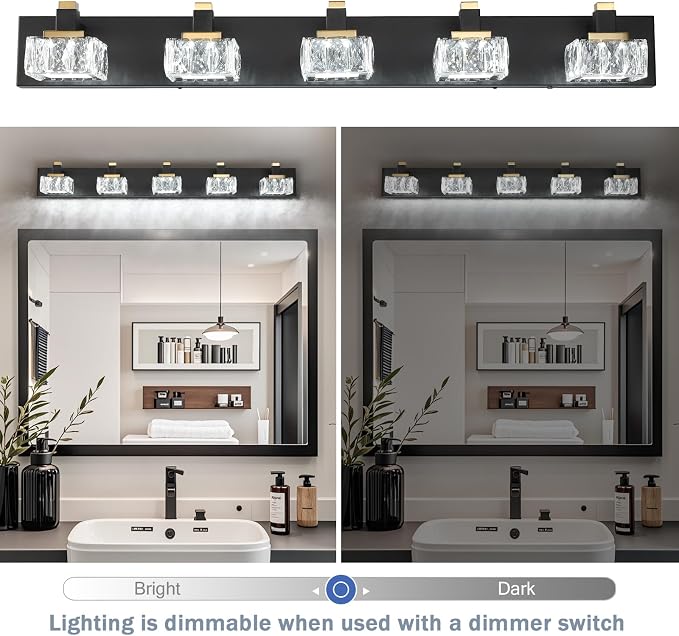 SineRise Bathroom Vanity Lights Over Mirror,5-Light Dimmable 5CCT Led Vanity Lights Black Gold Crystal Wall Sconce Lighting 40 inches Modern Vanity Light for Bathroom,Bedroom,Living Room(3000K-6000K)