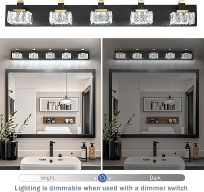 SineRise Bathroom Vanity Lights Over Mirror,5-Light Dimmable 5CCT Led Vanity Lights Black Gold Crystal Wall Sconce Lighting 40 inches Modern Vanity Light for Bathroom,Bedroom,Living Room(3000K-6000K)