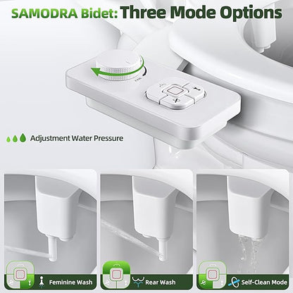 SAMODRA Bidet Attachment, Non-Electric Cold Water Bidet Toilet Seat Attachment with Pressure Controls, Retractable Self-Cleaning Dual Nozzles for Frontal & Rear Wash - White