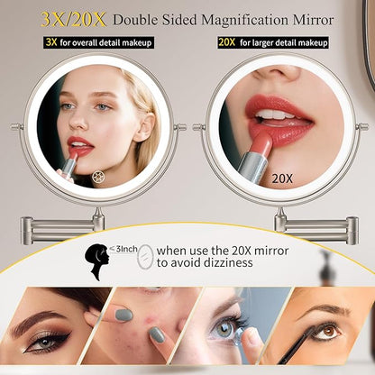 FUNTOUCH 3X/20X Wall Mounted Lighted Makeup Mirror,5000mAh Rechargeable Double Sided Magnifying Bathroom Mirror with Lights,3 Color Lighting,Touch Dimmable,Extended Arm 360 Rotation Light up Mirrors