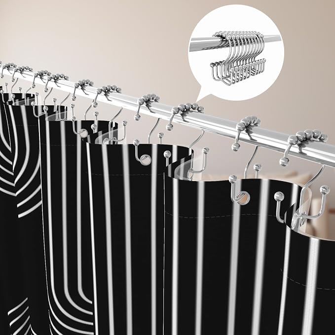 3 in 1 Shower Curtain Set, Boho Mid Century Modern | 72x72 Inches Polyester Bath Curtain with Magnetic PEVA Liner and 12 Double Sided Stainless Steel Hooks, Black and White