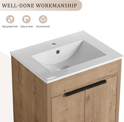 SSLine 24-Inch Bathroom Vanity with Sink Mid-Century Bathroom Vanities with Top Basin Floor Wood Bathroom Sink Cabinet with Soft-Close Doors & Adjustable Storage Shelves (Natural Brown)