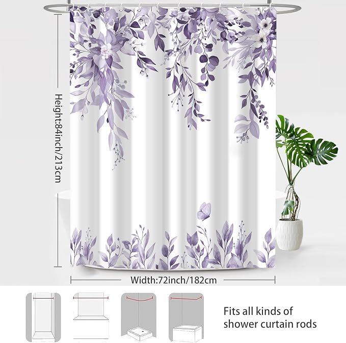 Light Purple Floral Eucalyptus Shower Curtain with Hooks, 72x84 Inch
