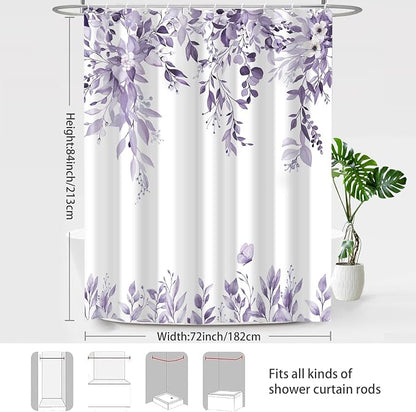 Light Purple Floral Eucalyptus Shower Curtain with Hooks, 72x84 Inch
