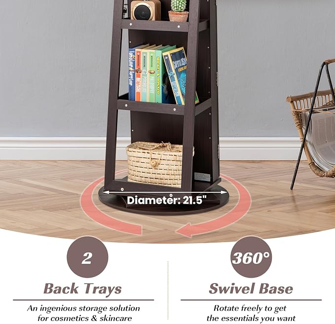 GOFLAME 360° Rotating Jewelry Cabinet with Full-Length Mirror, Freestanding Jewelry Armoire with 3-Color LED Light and Back Storage Shelf, Lockable Jewelry Organizer for Bedroom Cloakroom, Espresso