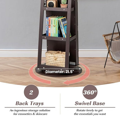 GOFLAME 360° Rotating Jewelry Cabinet with Full-Length Mirror, Freestanding Jewelry Armoire with 3-Color LED Light and Back Storage Shelf, Lockable Jewelry Organizer for Bedroom Cloakroom, Espresso