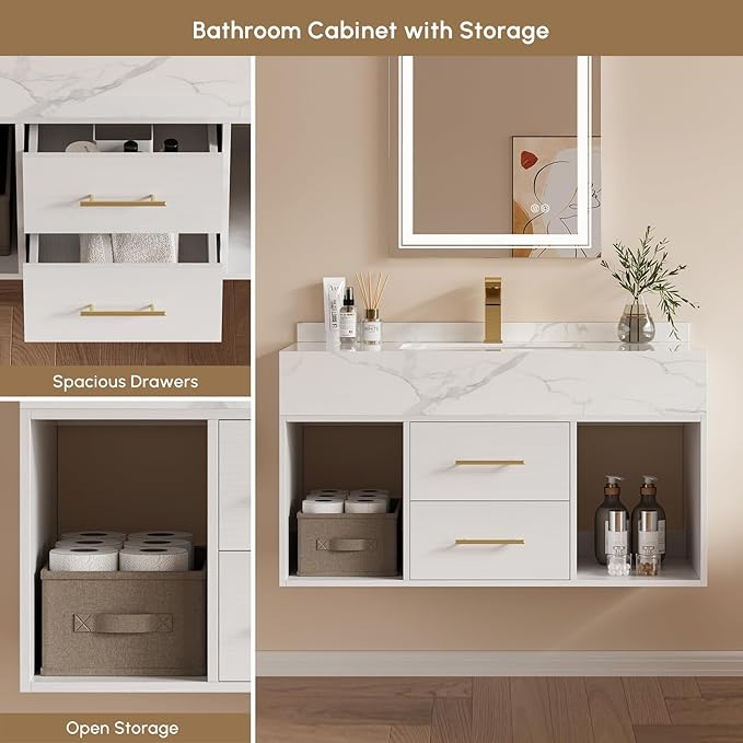 Bathroom Vanity with Sink, 39.3" Floating Bathroom Vanity Set Modern Wall-Mounted Cabinet with Sintered Stone Countertop, Undermount Sink & White Finish, Easy to Clean