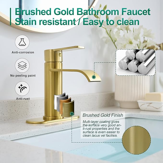 VOTON Waterfall Bathroom Faucet Brushed Gold, Single Handle 1 or 3 Hole Modern Sink Faucet with Deck Plate & Pop-Up Drain, RV Camper Vanity Washbasin Tap