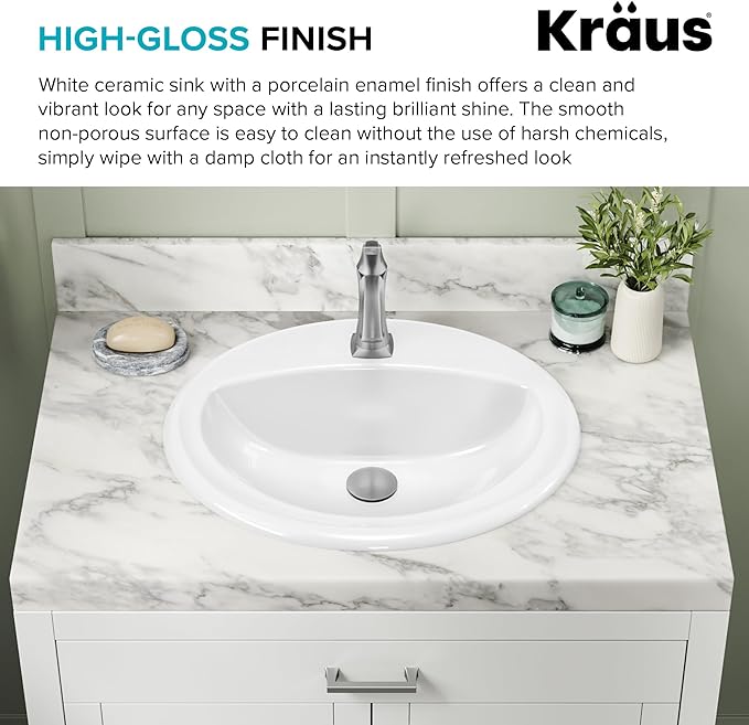 KRAUS Elavo 20.5 in. Oval Porcelain Ceramic Self-Rimming Drop In Bathroom Sink in White with Overflow Drain, KCT-100