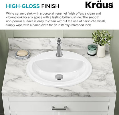 KRAUS Elavo 20.5 in. Oval Porcelain Ceramic Self-Rimming Drop In Bathroom Sink in White with Overflow Drain, KCT-100