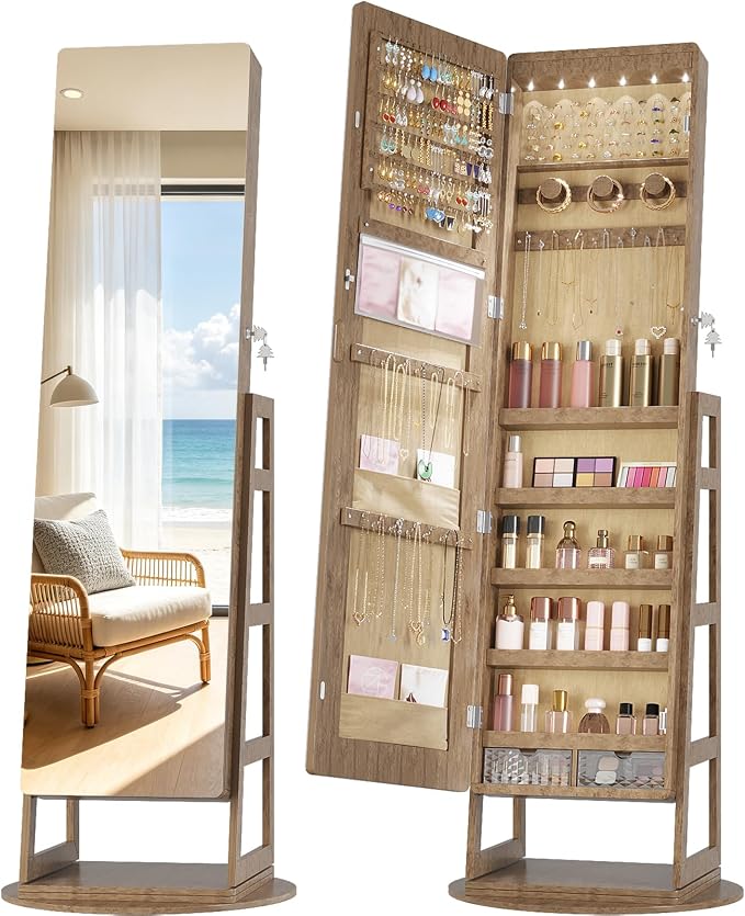 LVSOMT Standing Jewelry Mirror Organizer 6 LED Swivel Jewelry Cabinet Wood | Framelss Full Length Mirror with Jewelry Storage, Lockable Jewelry Armoire with 4 Rear Shelves and Hooks for Women Gift