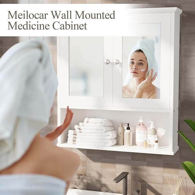 Bathroom Wall Cabinet with Mirror, White Bathroom Mirror Cabinet Wall Mounted, Over Toilet Medicine Cabinets with Adjustable Shelf, White