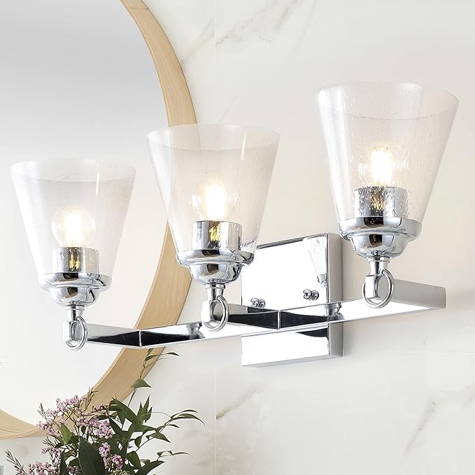 JONATHAN Y 21" Chrome Marion 3-Light Vanity Light Wall Sconce for Bathroom Decor, Clear Seeded Glass Shade, Reversible Hardwired Lamp for Mirror Hallway, LED Bulb (JYL7434A)