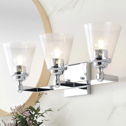 JONATHAN Y 21" Chrome Marion 3-Light Vanity Light Wall Sconce for Bathroom Decor, Clear Seeded Glass Shade, Reversible Hardwired Lamp for Mirror Hallway, LED Bulb (JYL7434A)