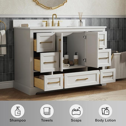 48" Bathroom Vanity with Sink,Undermount Ceramic Sink Vanity, Storage Cabinet with Sink,Drawers& No Installation Required, Small Wooden Bathroom Sink Cabinet, Greige White