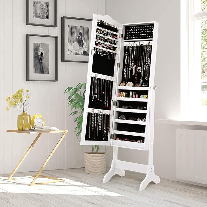 NAFORT Jewelry Armoire, Mirror with Jewelry Storage, Jewelry Organizer, Standing Lockable Jewelry Cabinet with Full Length Mirror, Jewelry Organizer with 2 Drawers, White