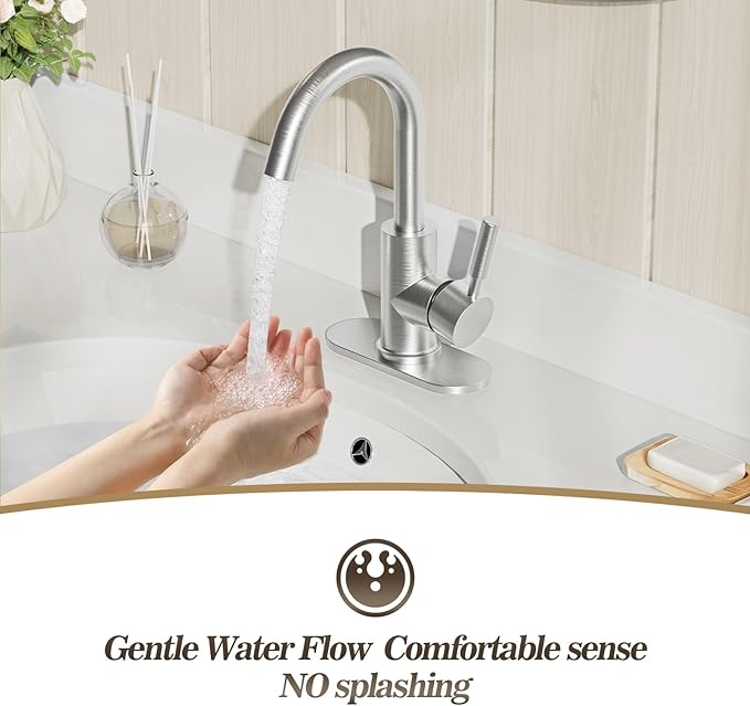 Phiestina Bathroom Sink Faucet,Single-Handle Bathroom Faucet with 4 Inch Deck Plate and Metal Drain, Fit for 1 or 3 Hole Installation, 360 Degree Rotation Spout, Brushed Nickel, WE08E-BN