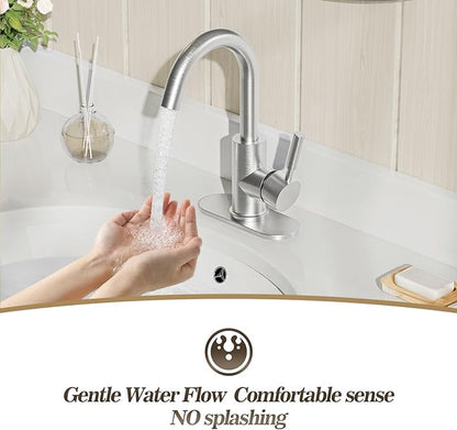Phiestina Bathroom Sink Faucet,Single-Handle Bathroom Faucet with 4 Inch Deck Plate and Metal Drain, Fit for 1 or 3 Hole Installation, 360 Degree Rotation Spout, Brushed Nickel, WE08E-BN