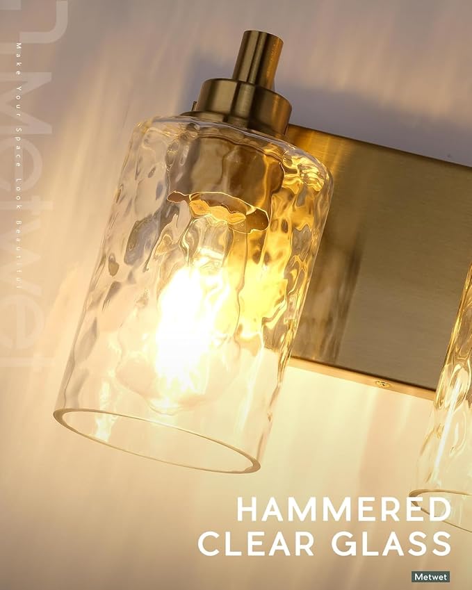 3-Light Brushed Gold Bathroom Vanity Light, Hammered Cylinder Glass | Ideal for 20-28" mirrors, 16.5" modern bathroom light fixtures over mirror, E26 base, bulbs not included, VL198-BG-3