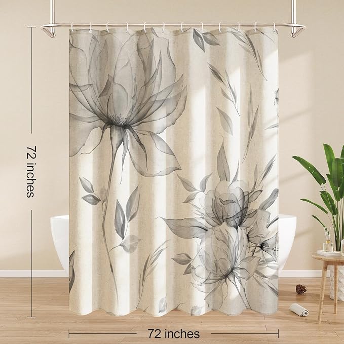 Litabel Farmhouse Grey Floral Linen Shower Curtain, Boho Vintage Spring Cotton Shower Curtains for Chic Elegant Bathroom Decor, Ink Painting Style Blossom Fabric Bath Curtain, 72 x 72