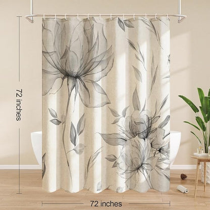 Litabel Farmhouse Grey Floral Linen Shower Curtain, Boho Vintage Spring Cotton Shower Curtains for Chic Elegant Bathroom Decor, Ink Painting Style Blossom Fabric Bath Curtain, 72 x 72