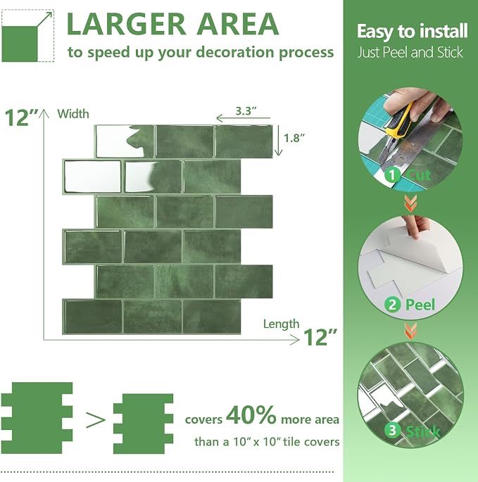 STICKGOO Subway Tile Peel and Stick Backsplash, Thicker Design 12" x 12" Stick on Backsplash Tiles for Kitchen, Bathroom, Wall Tile (10 Sheets, Sage Green)