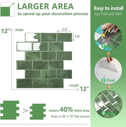 STICKGOO Subway Tile Peel and Stick Backsplash, Thicker Design 12" x 12" Stick on Backsplash Tiles for Kitchen, Bathroom, Wall Tile (10 Sheets, Sage Green)