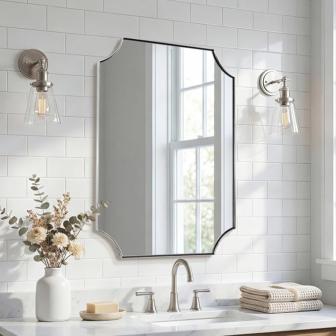 Chrome Mirror for Bathroom, 24"x32" Polished Chrome Rectangle Mirror, Scalloped Bathroom Mirror in Rust-Proof Stainless Steel Thin Frame Deep 1", Wall Mount Vertical or Horizontal