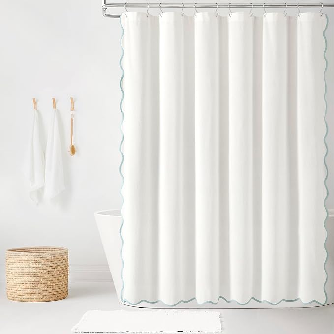 Lush Decor Coastal Chic Scallop Edge Linen-Textured Shower Curtain, Single 72" W x 72" L, Blue & White - Scalloped Shower Curtains - Coastal Bathroom Curtain