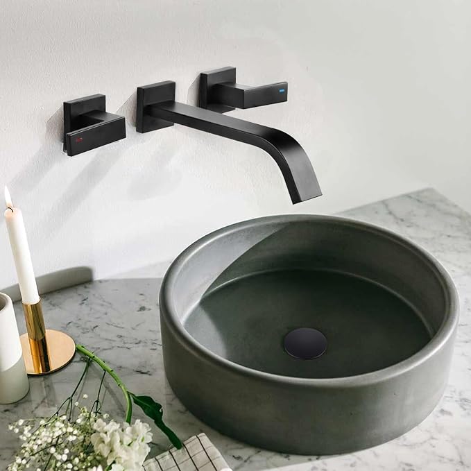 Brass Wall Mount Bathroom Faucet,Wall Mounted Vessel Sink Faucet with Dual Lever Handles,Widespread 3 Holes Wall Faucet for Vanity Lavatory Sink,Pop Up Without Overflow Drain Assembly Included