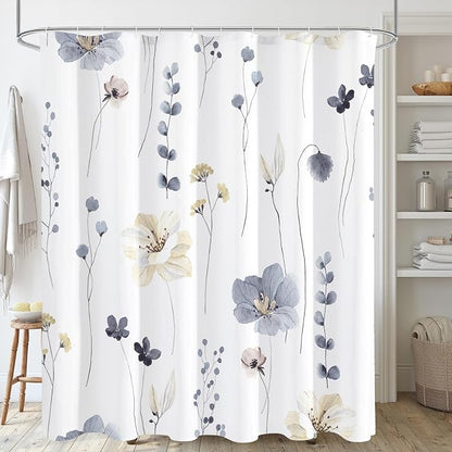 Grey Beige Watercolor Floral Fabric Shower Curtain, 72x72 | Waterproof Fabric, Modern Minimalist Floral Print, Machine Washable, Rustproof Grommets, for Bathroom