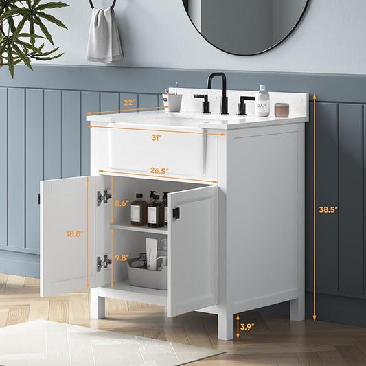 30 Inch Bathroom Vanity with Sink, Small Bathroom Vanity with Apron Farm Sink, Modern Bathroom Storage Cabinet with Soft-Closing Doors, Solid Wood Frame, Adjustable Feet, White